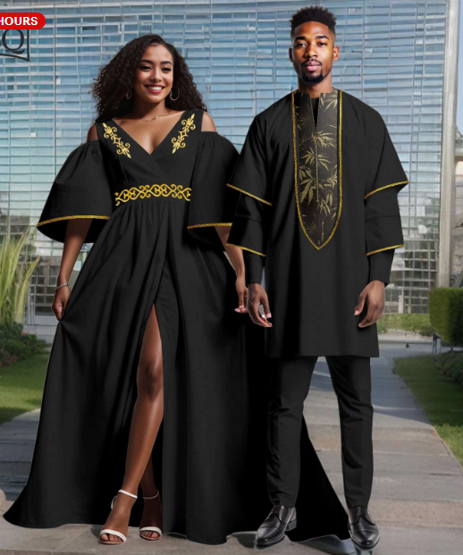 African Couple's Men's 3 Pieces Blazer Pants Suit Flare Sleeves Women Maxi Dress